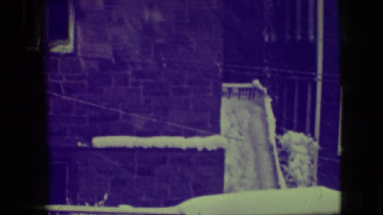 Snow-covered residential exterior with brick wall, roof edge, and windows under a purple-green film cast.