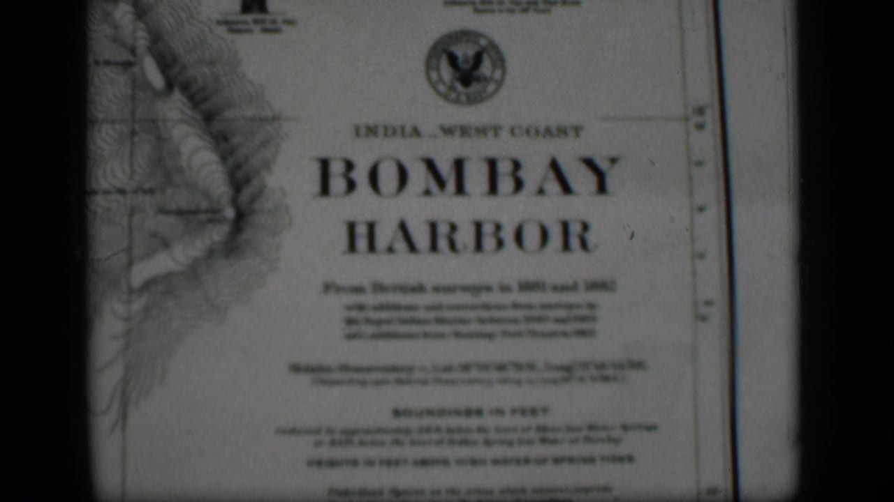 Close view of a printed chart titled Bombay Harbor with black film borders.