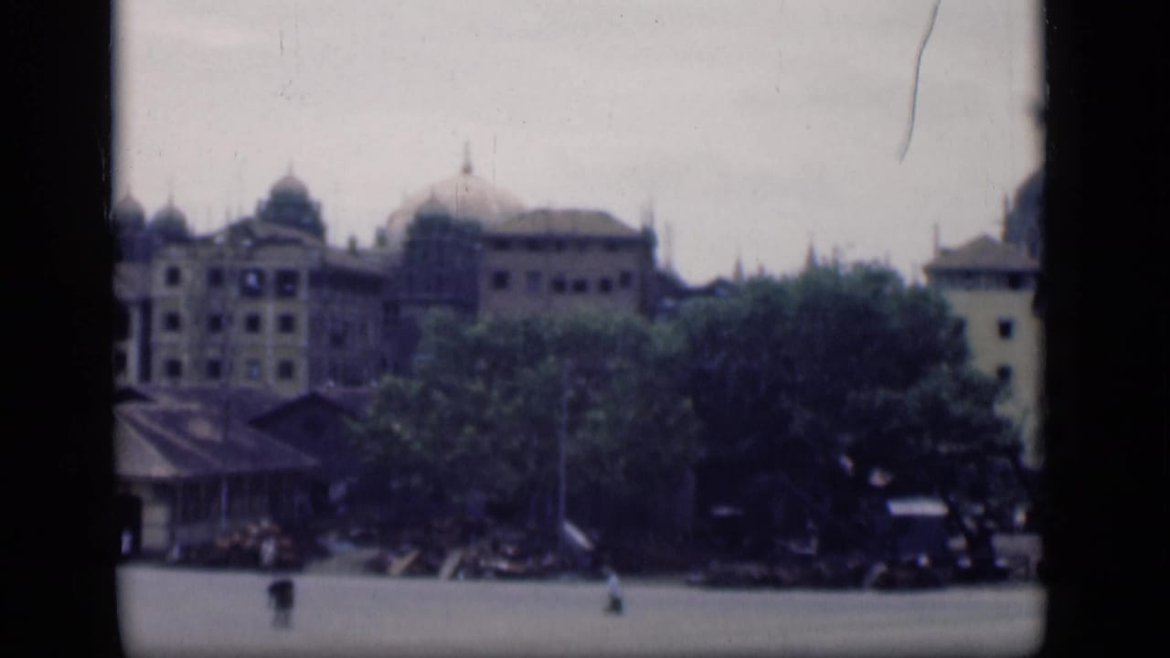 1946 Bombay cityscape on 8mm, showing domed buildings behind trees and a wide open area with tiny indistinct figures.