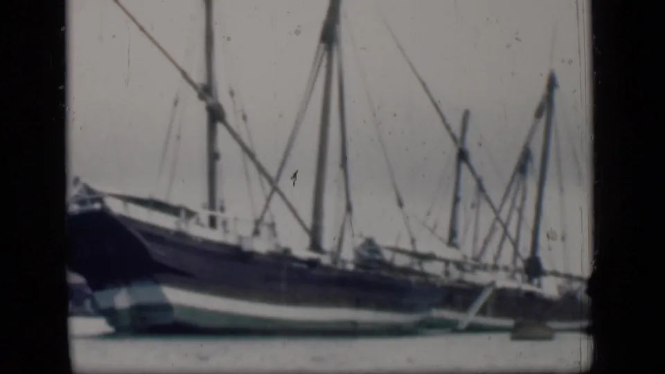 A closer view of larger traditional boats in Bombay harbor shows hulls, masts, rigging, and calm water in soft 8mm color.