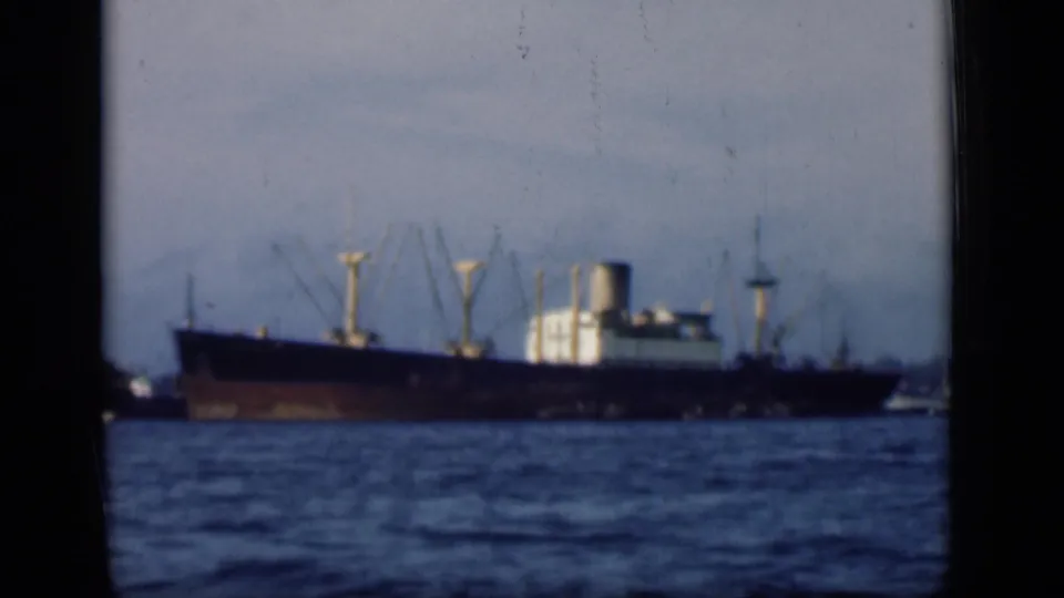 A large cargo vessel is filmed across the water in Bombay, India, with harbor cranes faintly visible behind it.