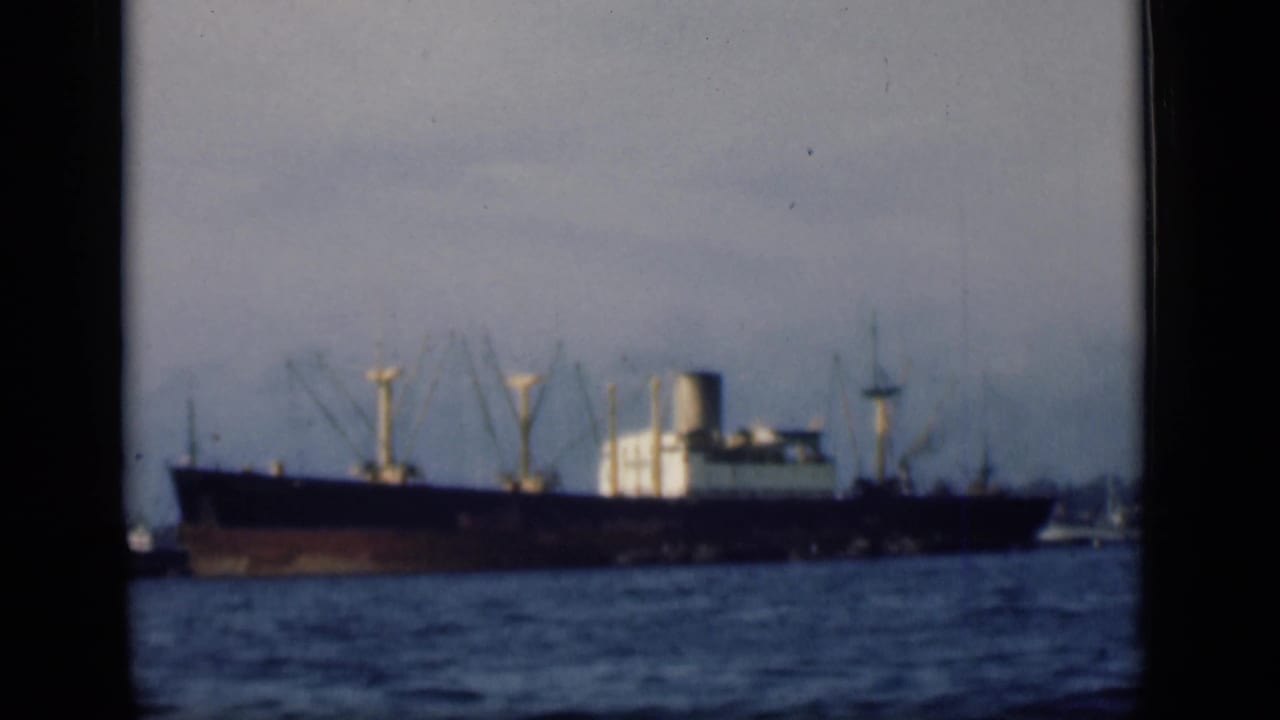 A large cargo vessel is filmed from a distance across harbor water, with port structures visible behind it.