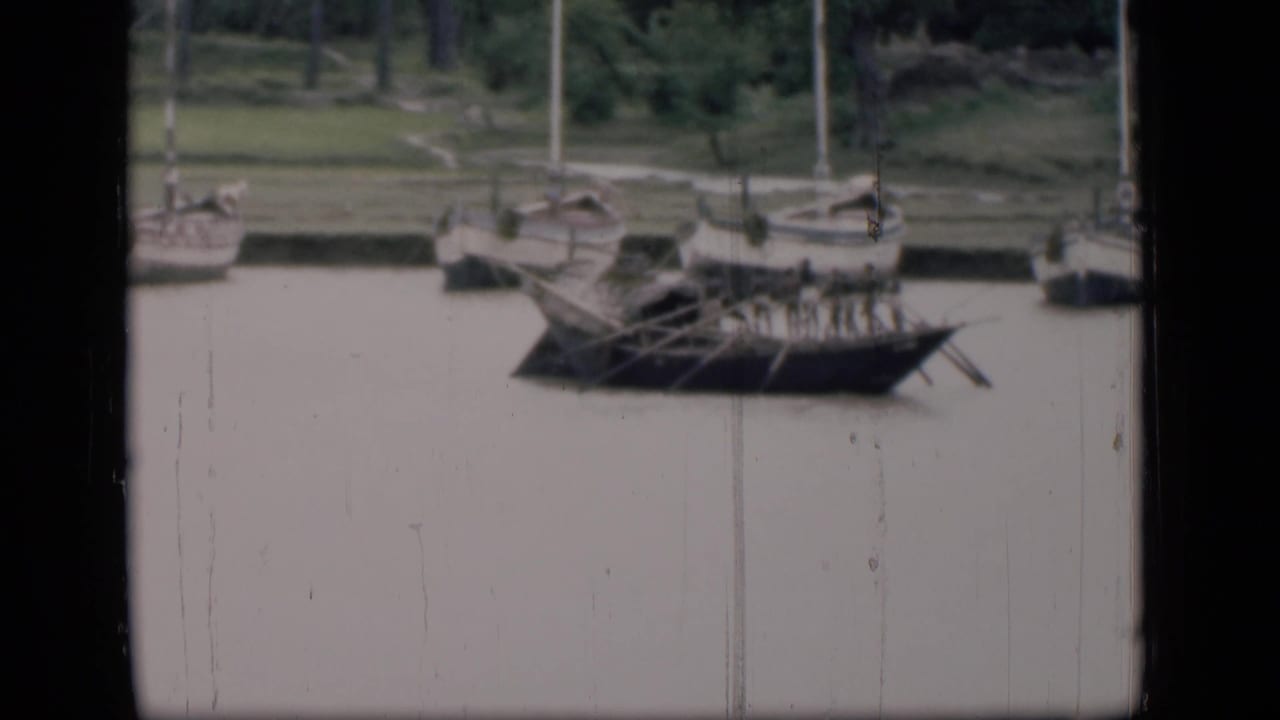 Moored boats and a dark wooden craft with oars near a green bank.