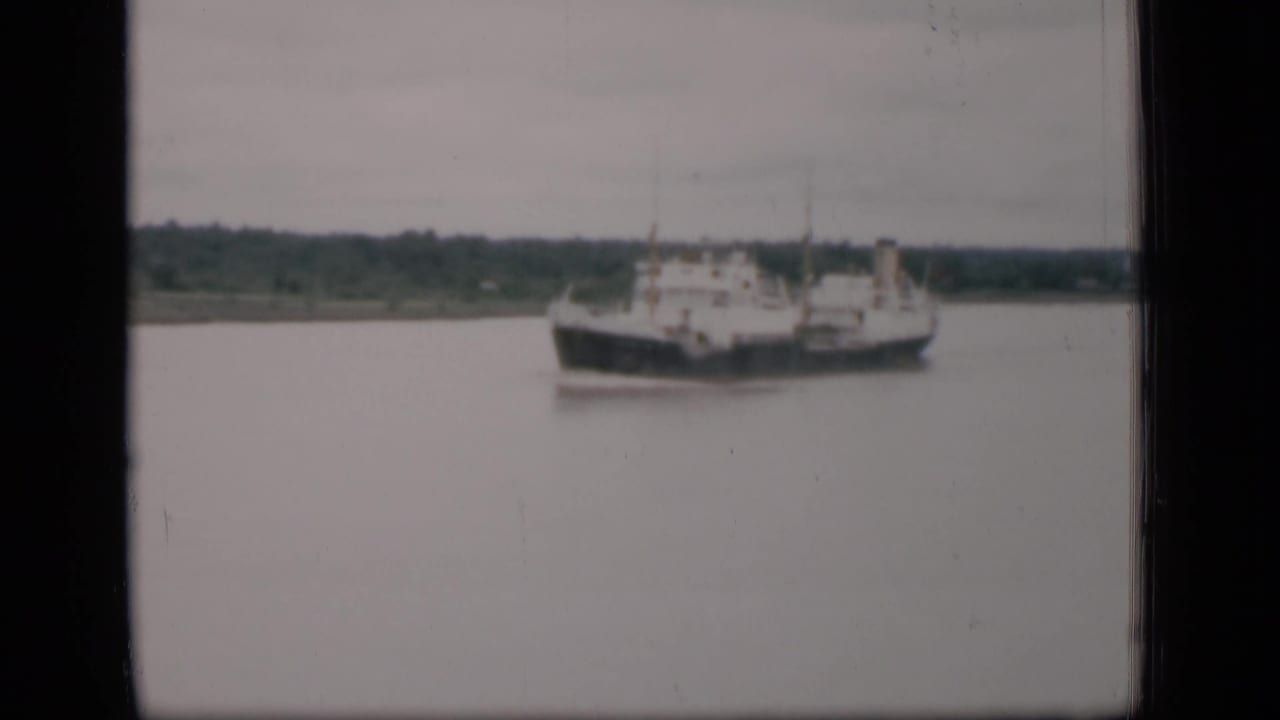 Cargo ship on calm water with a distant tree-lined shore.