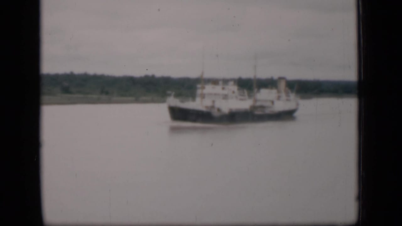 Distant cargo ship crossing calm water near a wooded shoreline.