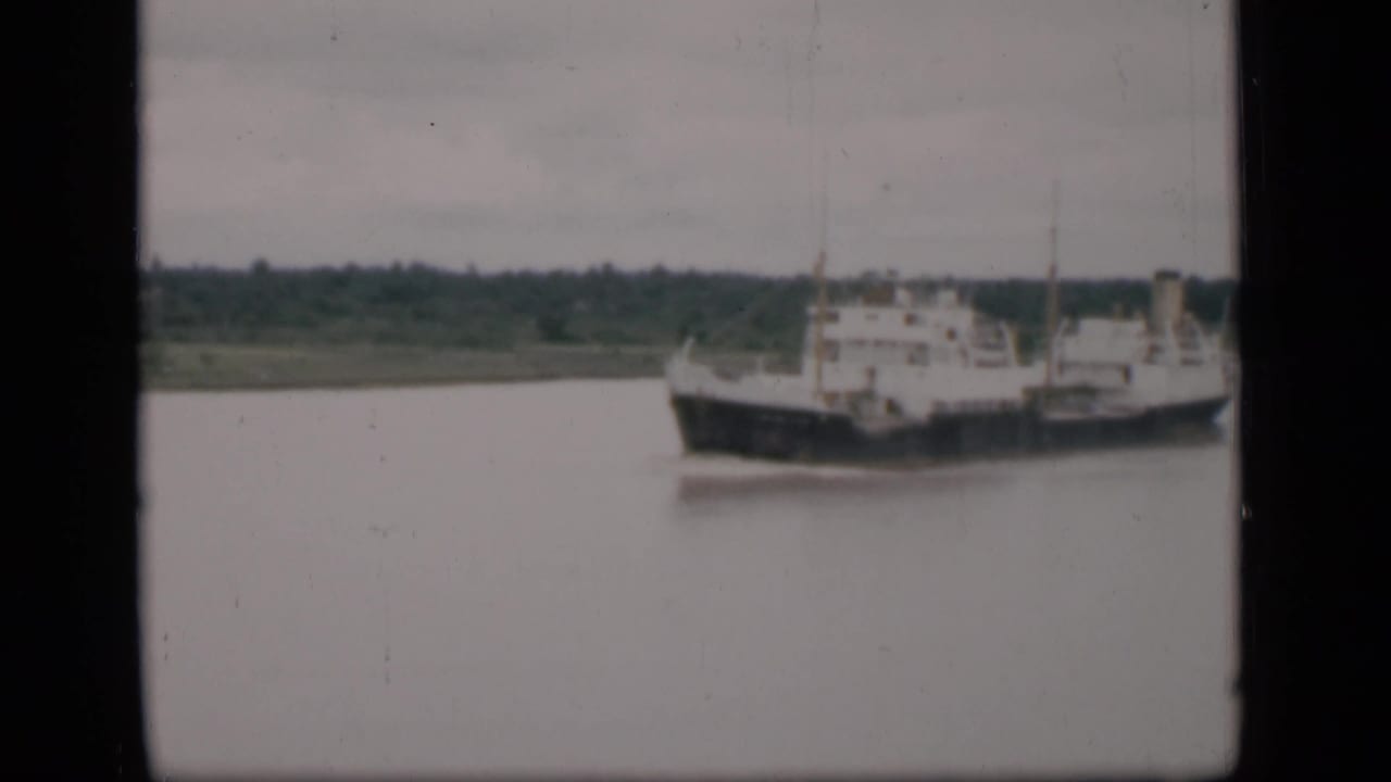 Large cargo ship on a wide river with a distant treeline and overcast sky.
