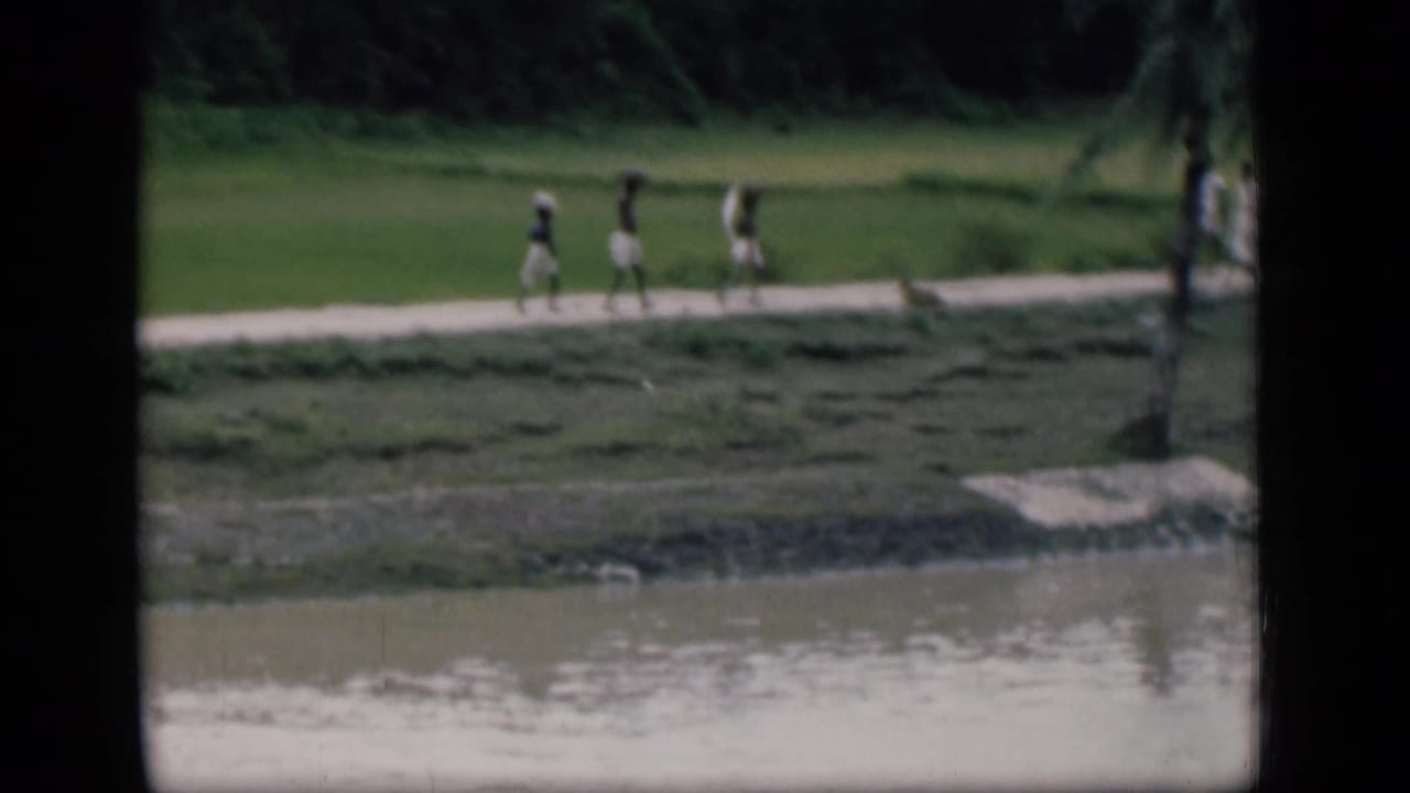 A distant view shows people walking beside the river in Bombay, with a small dog near the path and dense greenery beyond.