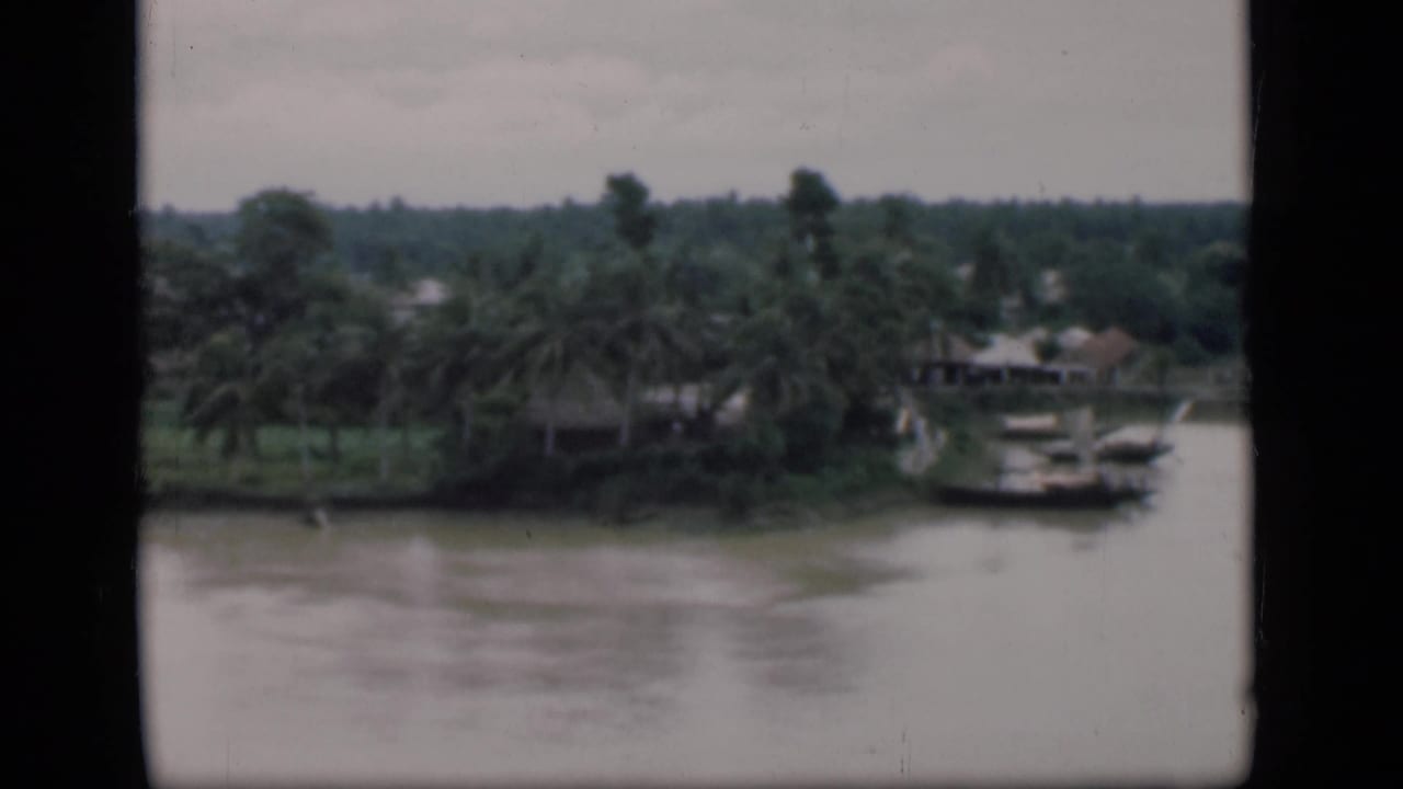 River scene with palms, small boats, and low buildings along the opposite shore.