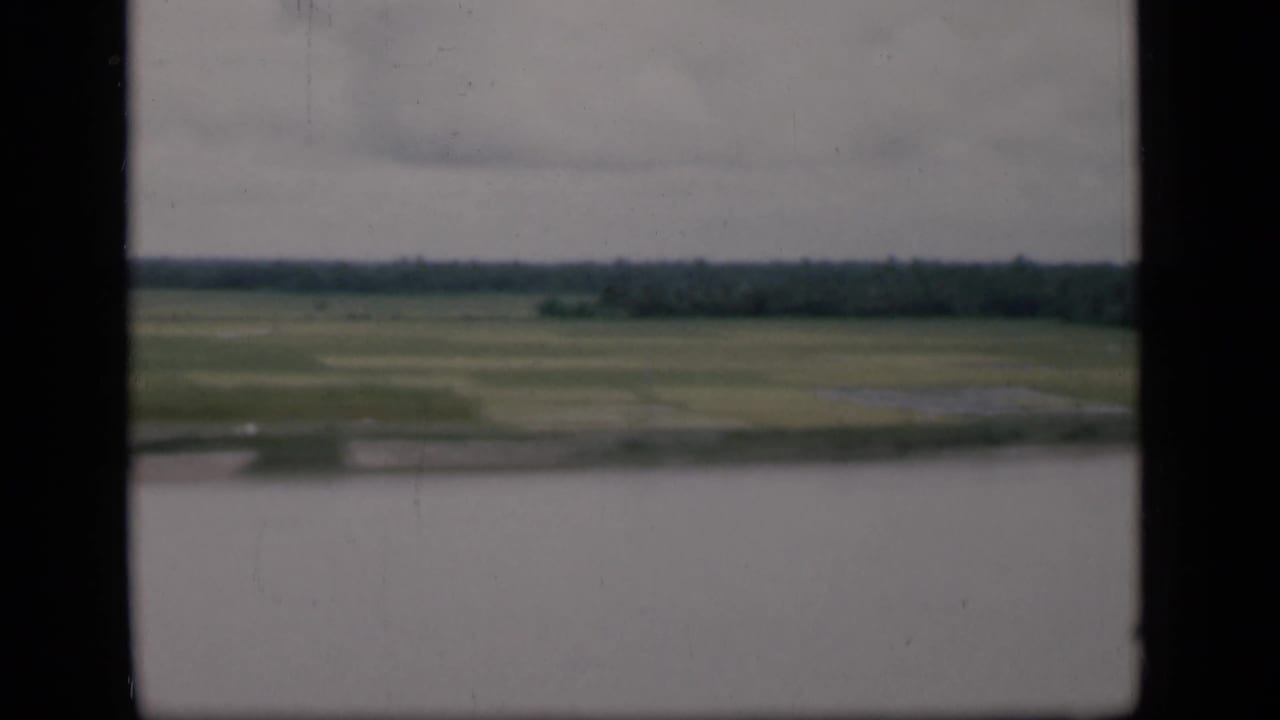 1946 Bombay home-movie view from the water toward flat green riverside fields and a dark tree line beneath cloudy sky.