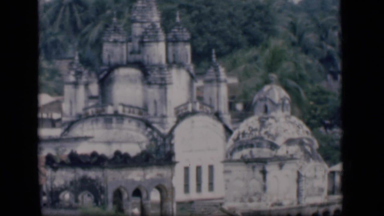 Domed and spired white building seen through soft focus with trees behind it.
