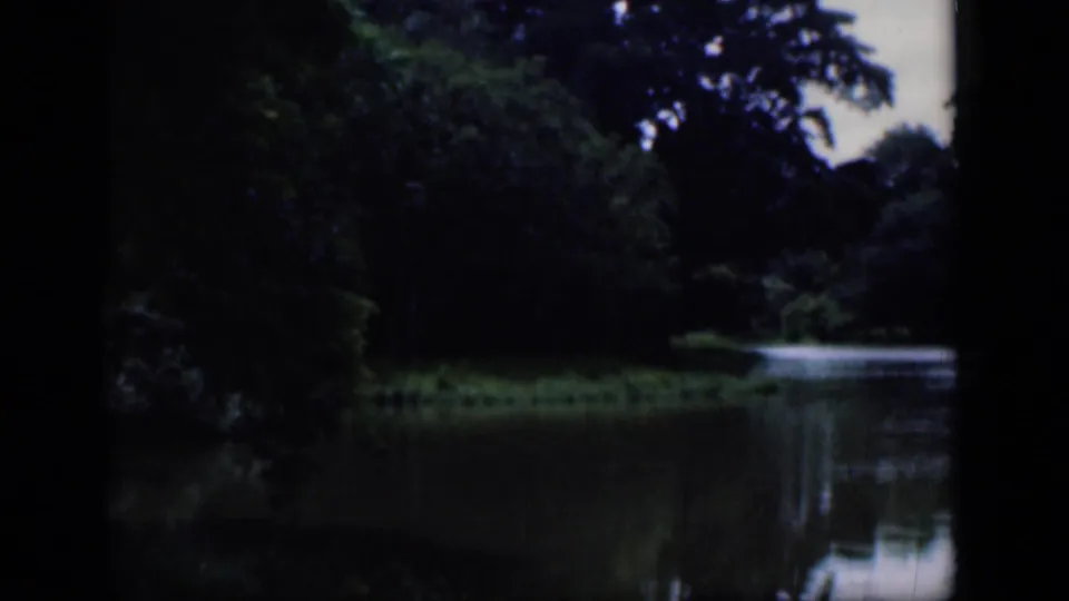 1946 Bombay 8mm frame showing a shaded waterside scene with dense trees, grass, and reflective water.
