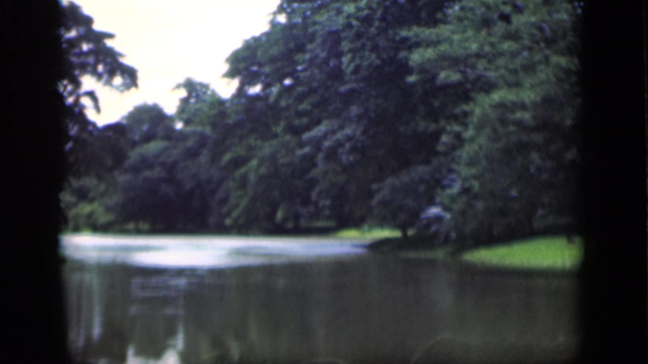1946 Bombay home-movie frame of a serene pond bordered by dense trees and a small bright strip of grass.