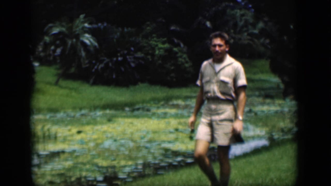 Man walks near a pond with lily pads, palms, and shaded garden plants behind him.