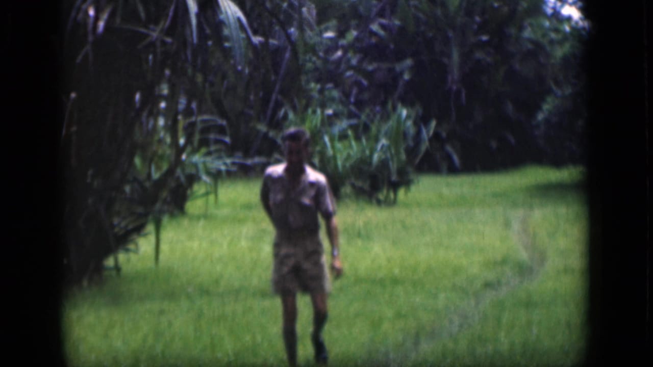 Adult man in shorts appears in a tropical grassy area in Bombay, India, during 1946 8mm footage.
