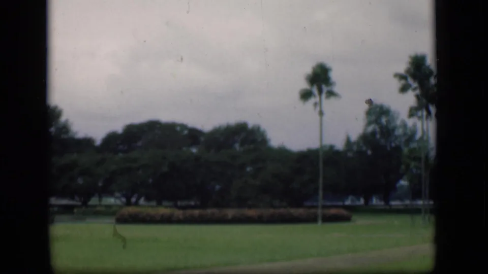 1946 Bombay 8mm frame with a palm, green lawn, low hedge, shade trees, and roadside path softened by motion blur.