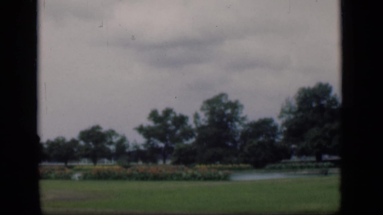 Green lawn, flower beds, trees, and lake seen through dark 8mm frame borders.