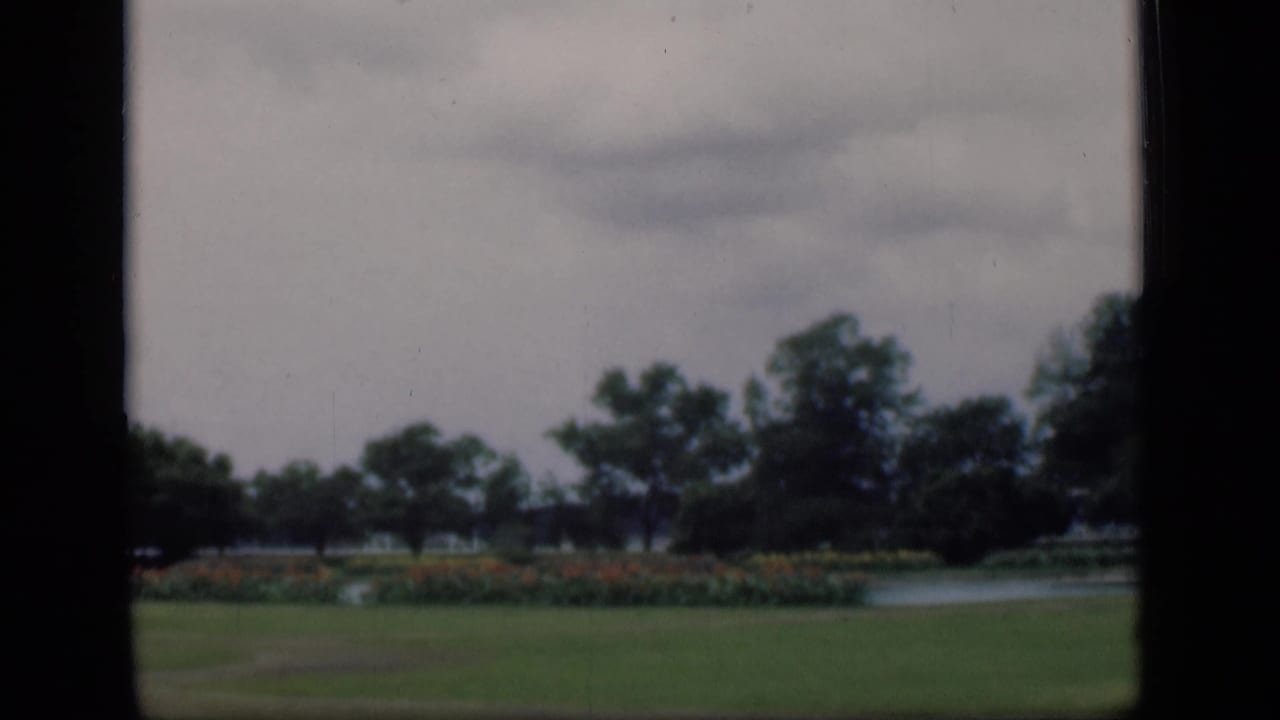 Park lawn and flower beds beside water, with trees and cloudy sky beyond.