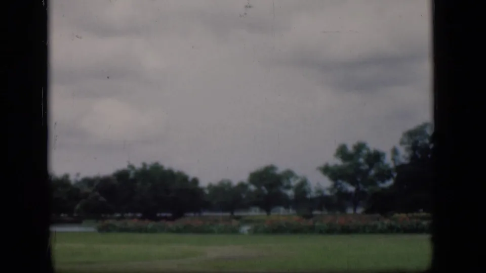1946 Bombay home-movie frame showing a dim, cloudy view across a grassy field, trees, and low planting.