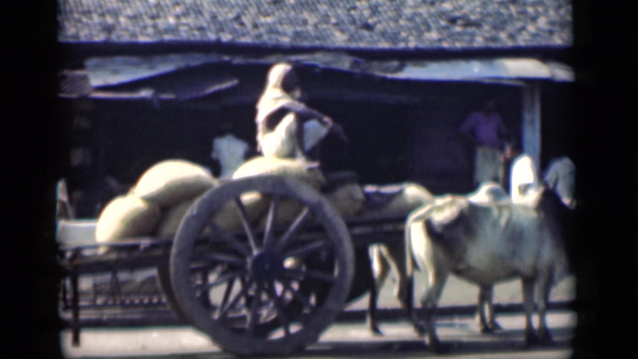 Loaded ox cart and team move along the street with pedestrians behind them.