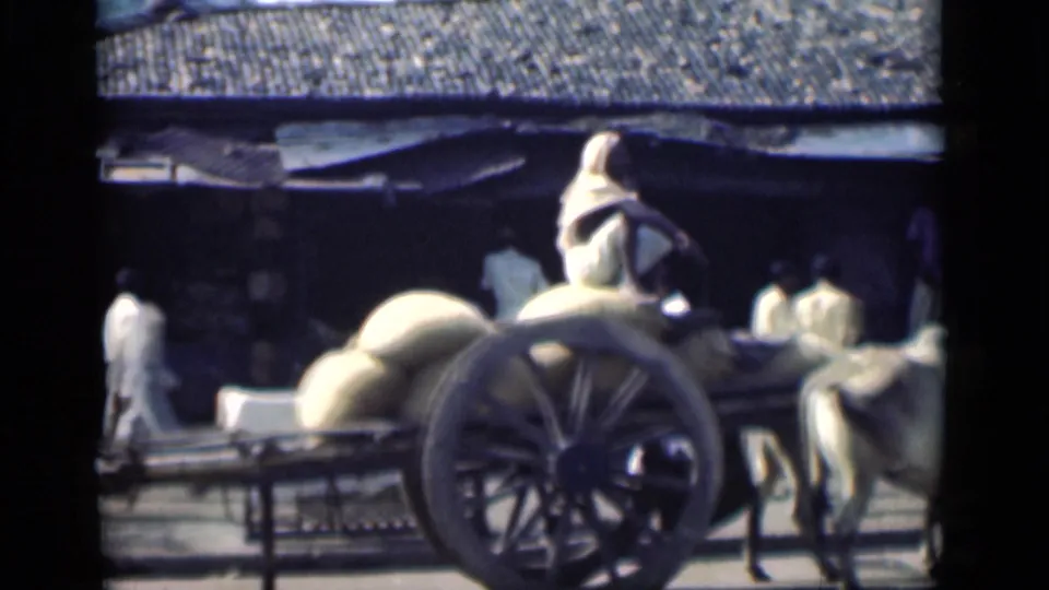 The 1946 Bombay home-movie frame centers on the large cart wheel and sacks, with the driver above and an ox partly visible at right.
