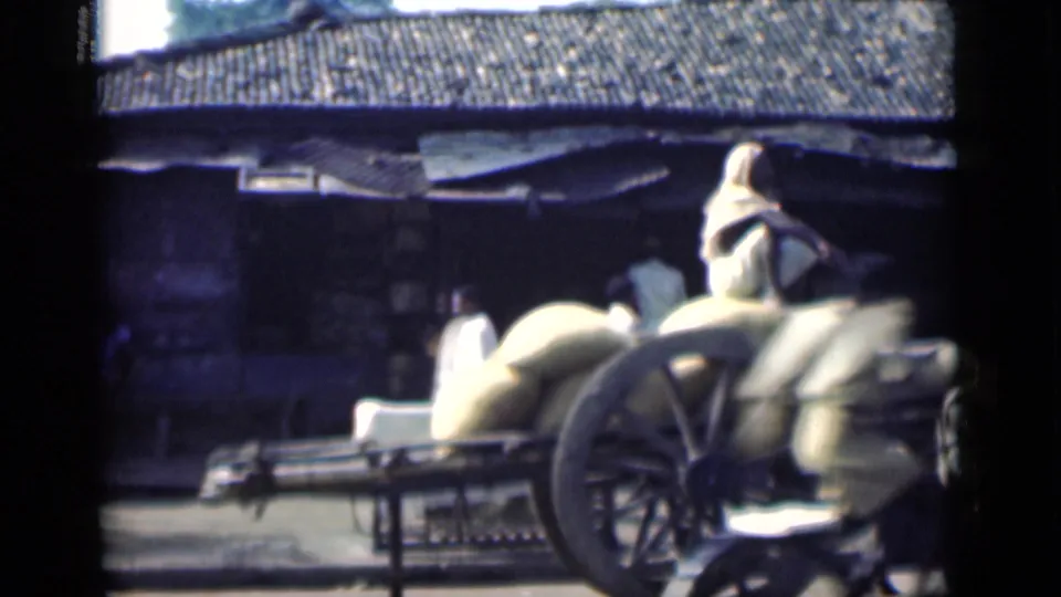 The ox cart continues past the camera in Bombay, with sacks and the large wheel visible as the team moves out of frame.