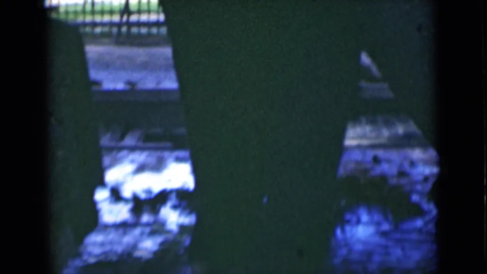 1946 Calcutta zoo footage showing a large elephant partly hidden by dark foreground barriers and metal fencing in the background.