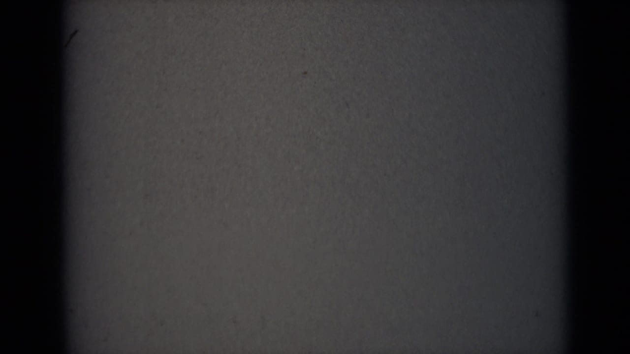Dark 8mm film frame with grey surface, vertical black bands, dust, and scratches.