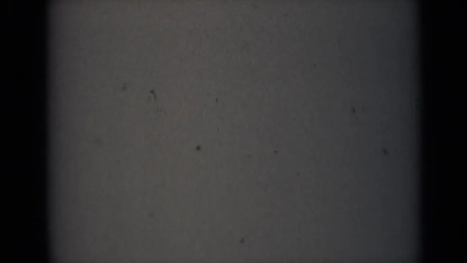 Final visible 1946 India 8mm static frame with grey film plane, dark vertical gate shadows, dust, and faint scratches.
