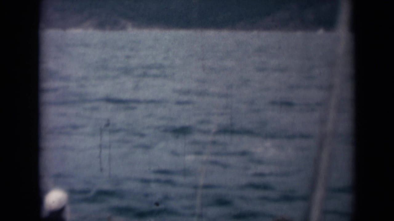 Choppy sea seen through dark vertical ship framing with a small white cap near the lower edge.