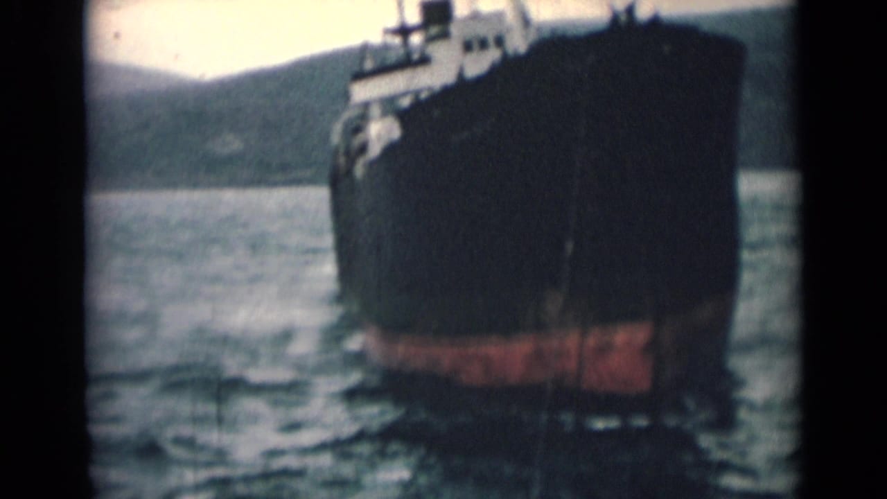 Large dark vessel seen head-on across rippled water with a distant shoreline behind it.