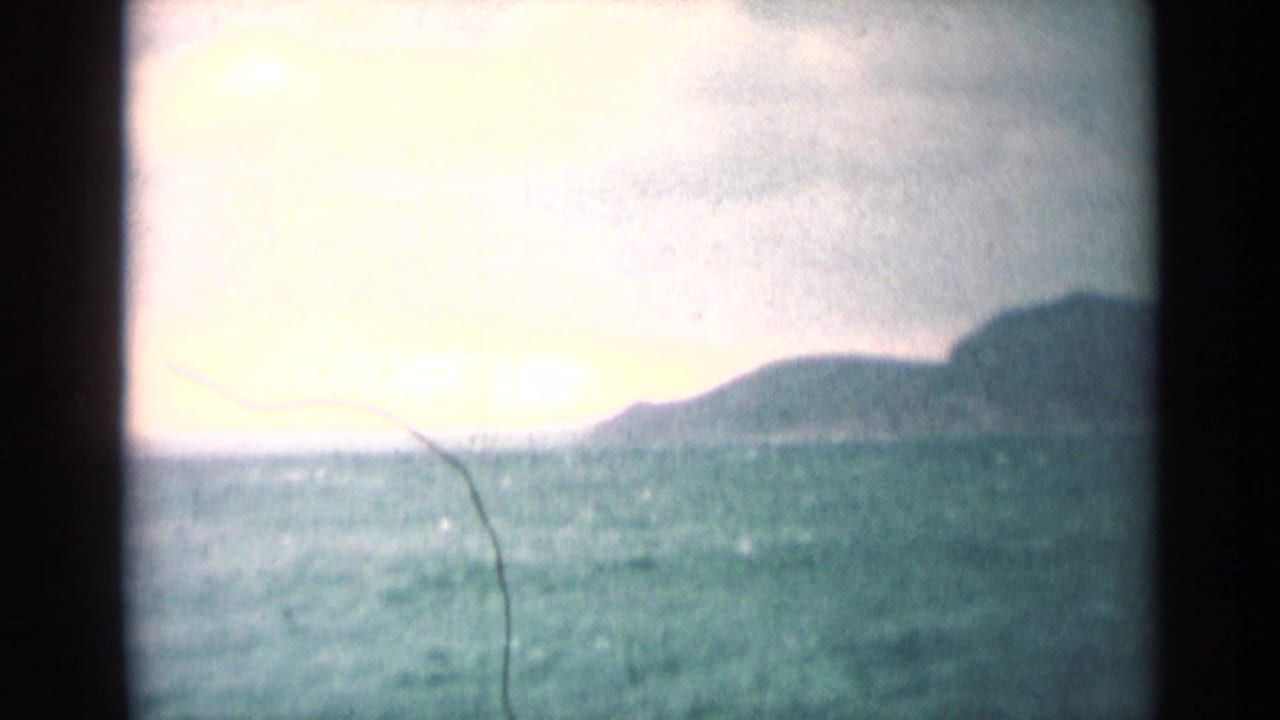 1946 coastal view from a ship near India, with hazy landforms, green water, overcast sky, and visible film scratch.