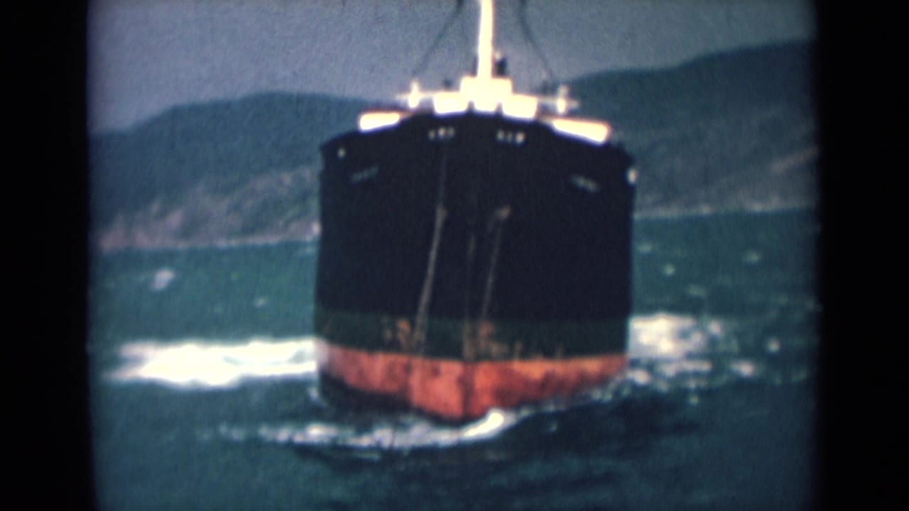 Large dark-hulled ship seen head-on in choppy water near a mountainous coast.