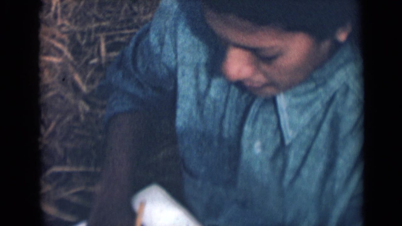 Young woman in a blue shirt looking down beside straw-like material.
