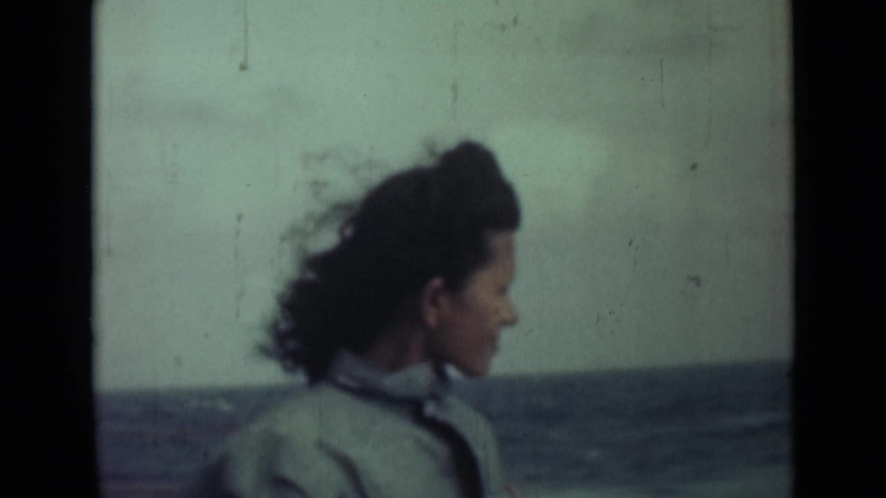 The woman remains in profile beside the ocean in 1946 India footage, with windblown hair and a pale sky over the water.