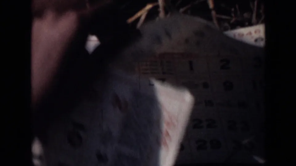 A hand turns or folds a calendar sheet, with the darkened page and printed dates partly visible.