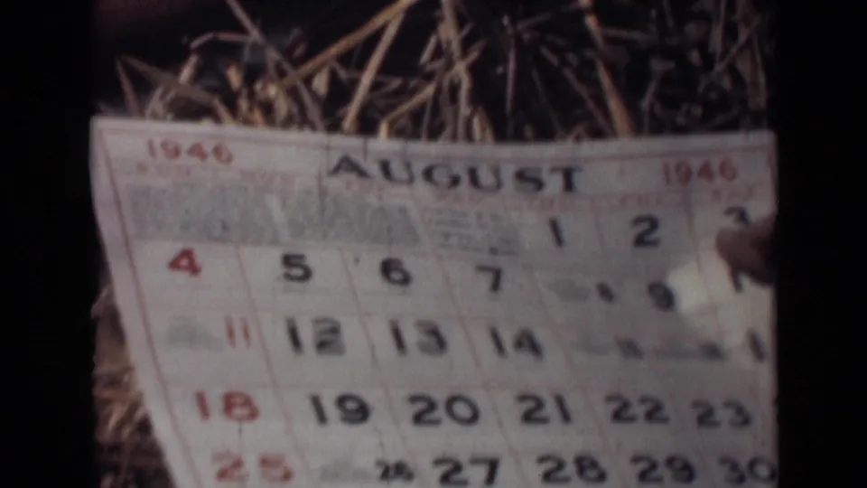 An August 1946 calendar page is held in view, with hands near the edges and dates printed in red and black.