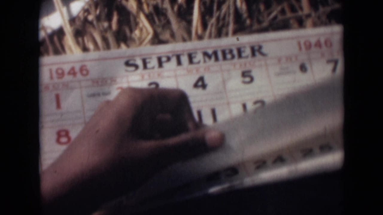 A hand turns or holds the lower edge of a September 1946 calendar page, with the date grid visible in soft 8mm color.