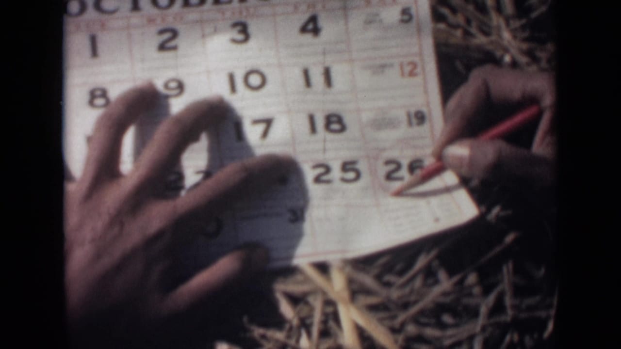 In 1946 India 8mm footage, hands mark October 26 on a paper calendar with a red pencil.