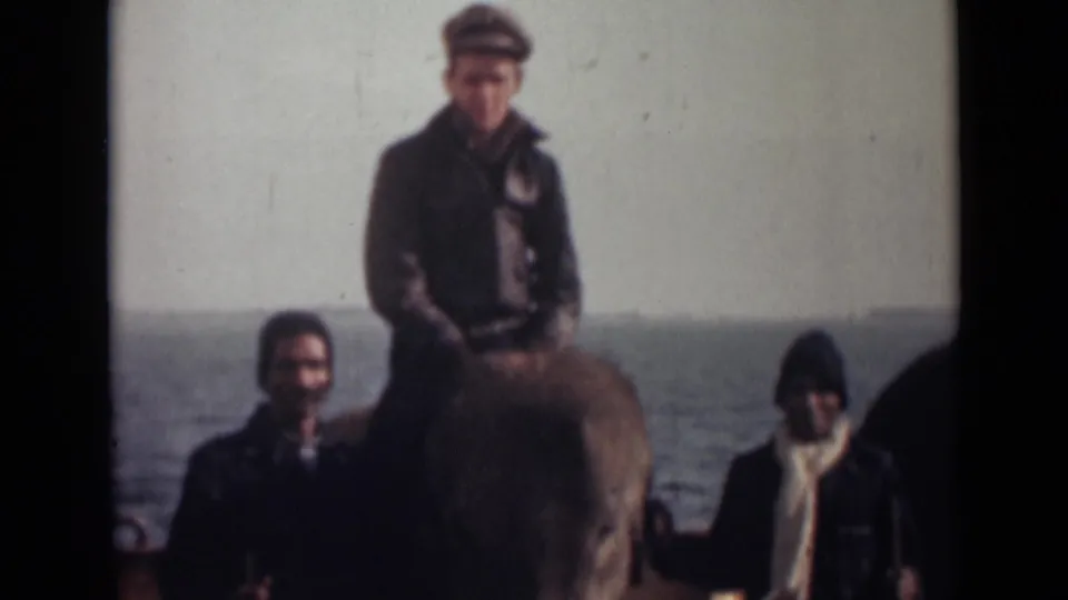 In the final frame, the capped man sits atop the elephant while two men stand nearby on the deck against a water background.