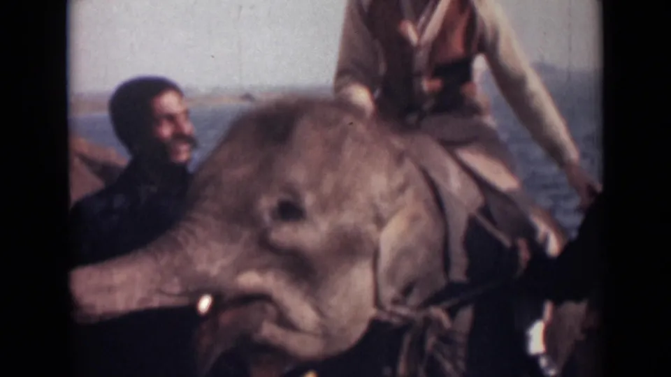 1946 India home-movie frame showing a man riding an elephant on a ship deck as another man stands near its head.