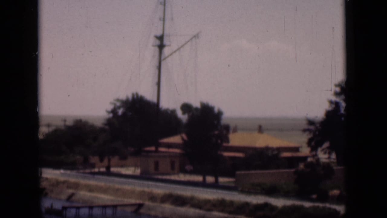 Canal-side view with palms, low buildings, road, and a tall mast framed by dark window edges.