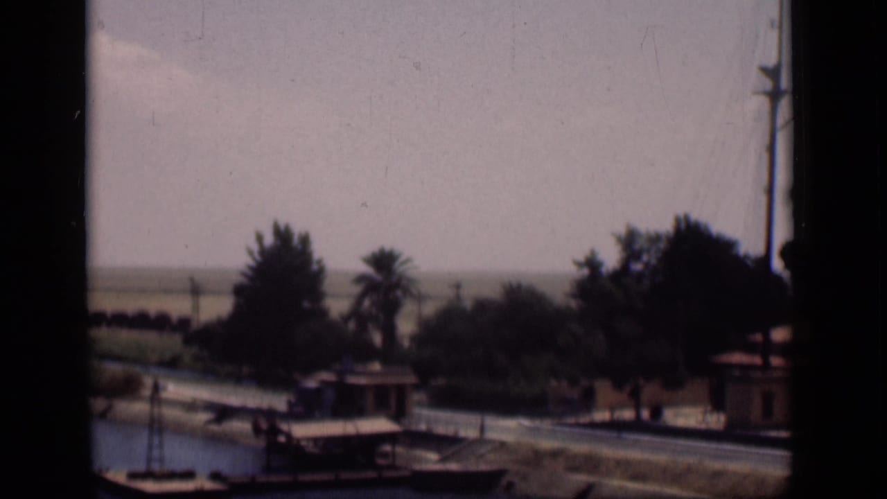 1946 8mm view of the Suez Canal area with a small boat near the bank, palms, low buildings, and a pale sky.