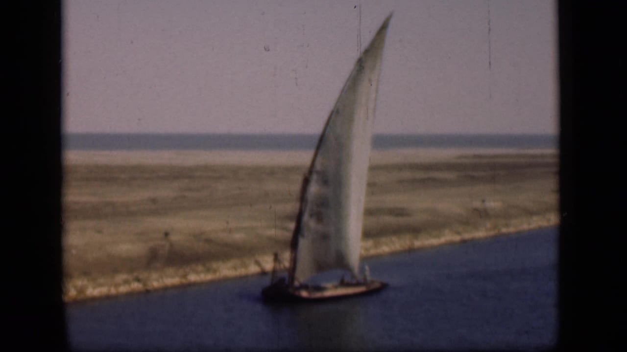 Felucca with a large white sail moving along a canal beside low banks.