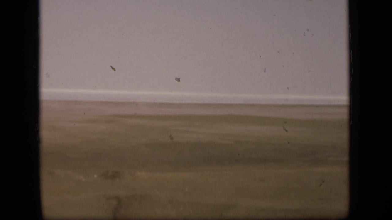 1946 8mm view of a flat desert landscape in the Suez Canal region, seen through soft focus with dark frame edges and film wear.