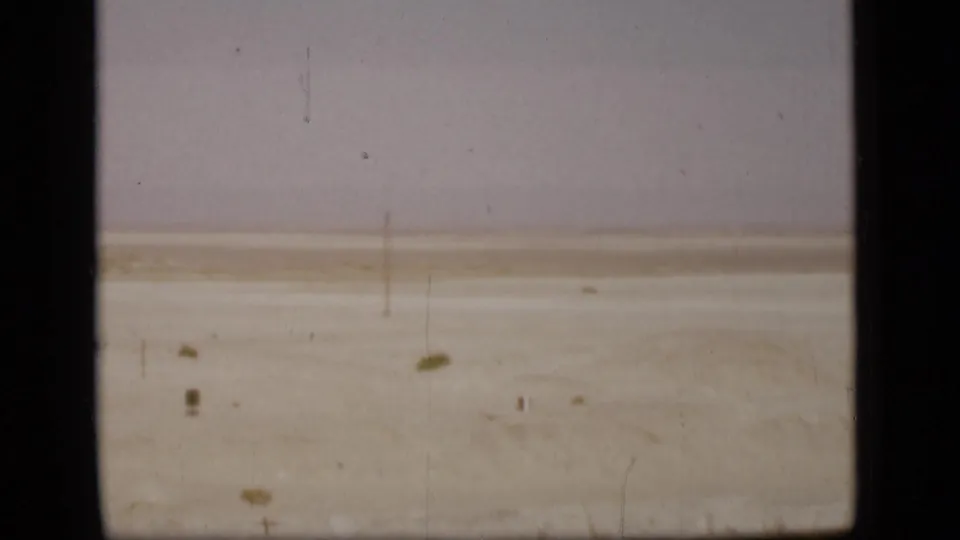 A wide 1946 desert view near the Suez Canal, with pale sand, low horizon, sparse scrub, and aged 8mm texture.