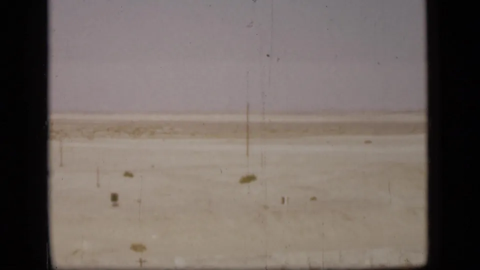 1946 Suez Canal area landscape with a barren pale sand plain, sparse scrub, and a single pole or marker in the distance.
