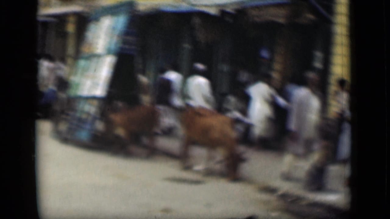 Soft 8mm frame showing a cow moving through a street with pedestrians nearby and a large tilted cart or sign-like object at the left.