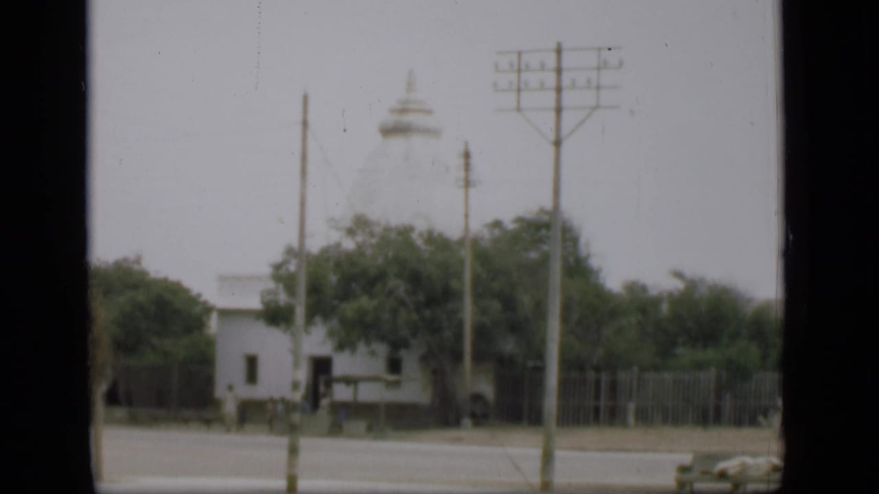 White domed building and trees framed by tall utility poles along the street.
