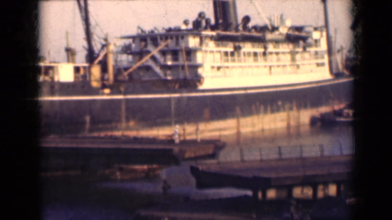 Large docked steamship seen from across the water.