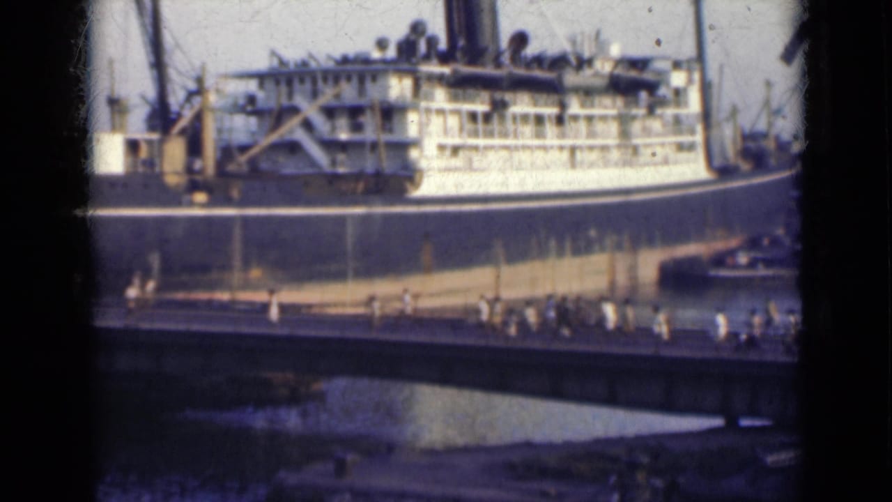 Docked passenger ship and bridge with scattered pedestrians moving across the frame.